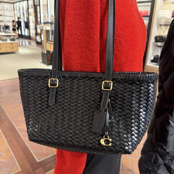 Coach Woven Leather Swing Tote Carryall Shoulder CBF83 Black - Picture 2 of 16